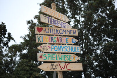 Hölzerner Wegweiser mit bunt bemalten Schildern wie Tiergehege, Ponyschule, Kindergarten und Spielwiese vor Bäumen.