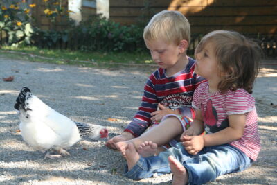 Zwei Kinder sitzen barfuß auf dem Boden, ein weiß-schwarzes Huhn läuft dicht vor ihnen.
