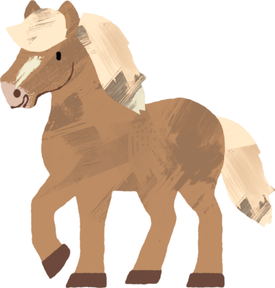 Gemalte Illustration eines braunen Ponys mit heller Mähne und Schweif in Seitenansicht